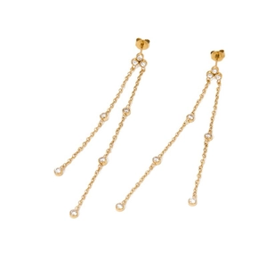 Elegant gold-plated stainless steel long tassel earrings featuring sparkling zircon crystals