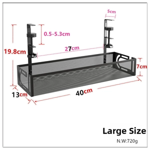 Detailed size parameters of black metal under desk cable management tray and clamps