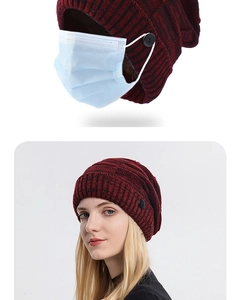 Detail of winter knit beanie with side buttons for mask hanging on female model