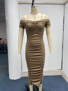Detail of ruched texture on off-shoulder khaki bodycon midi dress for women