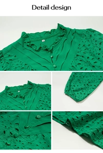 Detail design of green blouse featuring hollow embroidery, ruffle collar and button front