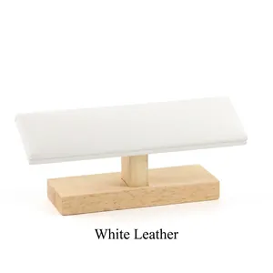 Solid wood T-bar jewelry display stand with white leather bar for bracelets and watches