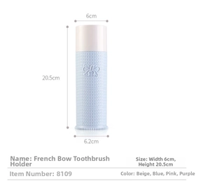 Blue and beige portable toothbrush travel case with bow relief and 20.5cm height dimensions