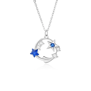 S925 Sterling silver necklace featuring a blue star and moon pendant with white zircons