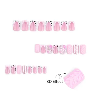 Pink 3D wavy press-on nails with leopard patterns, pearls and floral 3D effect designs
