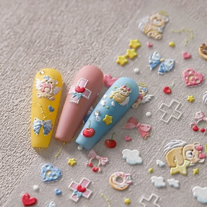 3D embossed nail art stickers featuring cute teddy bears, cherries, and bow knots