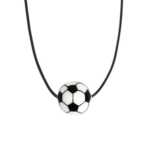 Detailed close-up of a soccer ball pendant with black wax cord on white background