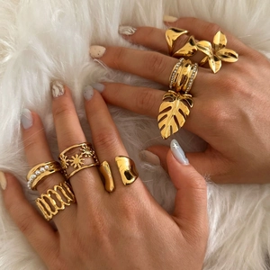 Stainless Steel Rings Adjustable Minimalist Korean Style Geometric Flower Leaf Elegant Jewelry For Women