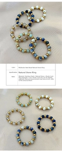 Vertical detail of handmade elastic beaded rings with natural stones and steel beads