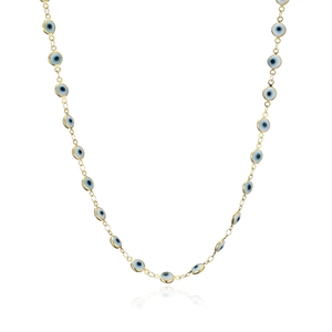 Detail shot of gold-plated necklace featuring blue and white enamel evil eye charms