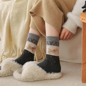 Thick wool blend mid-calf socks with cute 3D dog patterns and warm snowflake knit textures