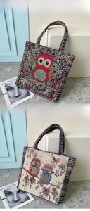 Detailed embroidery of ethnic owl patterns on canvas tote bags with colorful side stripes