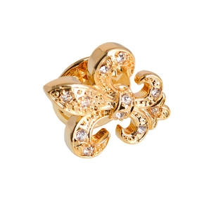Golden fleur-de-lis lapel pin for men suits featuring sparkling crystal rhinestones