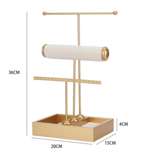 Golden 3-tier jewelry display stand with dimensions 36x20x15cm for rings and necklaces
