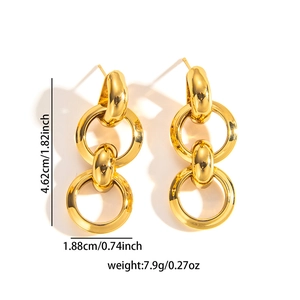 Detailed view of triple linked gold hoops showing product dimensions and weight
