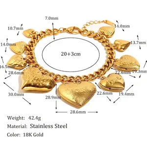 Bracelet multi-pendentifs cœurs en acier inoxydable plaqué or 18K et chaîne ajustable