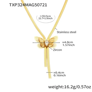 Detailed view of golden butterfly necklace with zircon inlay and stainless steel snake chain