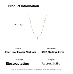 Macro view of S925 sterling silver four-leaf clover pendant necklace with sizing details