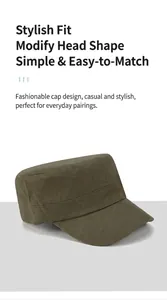Detail view of military flat top cap with reinforced side stitching in olive green cotton canvas