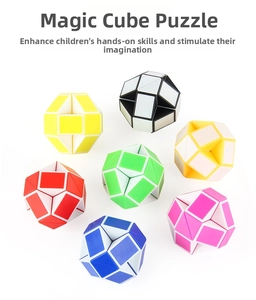 Close-up of seven colorful magic snake cubes folded into spherical shapes for kids