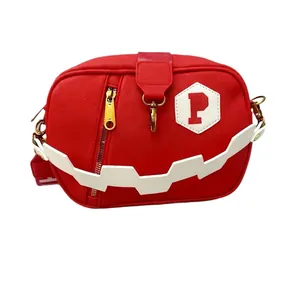 Minimalist red nylon crossbody bag with letter P patch and white zigzag graphic detail