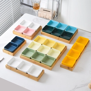 Ceramic Bowls And Bamboo Wood Tray Nordic Square Divided Platter For Fruit Nut Dip Appetizer Serving Tableware
