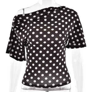 Polka dot one shoulder short sleeve slim fit top for women in black and white style