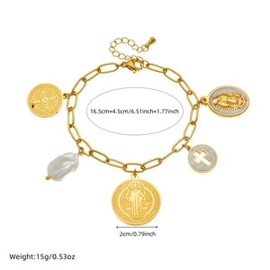 Golden pearl bracelet set with oval saint portrait and shell cross pendants 16.5cm length