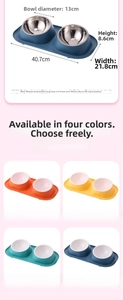 Detailed dimensions and four color options for the double stainless steel pet feeder set