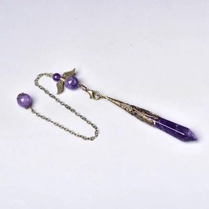 Natural amethyst hexagonal pendulum necklace with bronze angel wings and vintage chain link