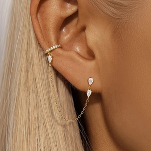 Detailed view of S925 silver gold tassel earring with sparkling pear-cut cubic zirconia