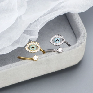 Adjustable 925 sterling silver evil eye rings with blue crystals in gold and silver finish