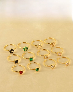Adjustable stainless steel ring set featuring 18k gold plating and colorful gemstones