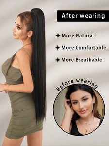 Side-by-side view showing natural long straight black ponytail extension before and after wearing