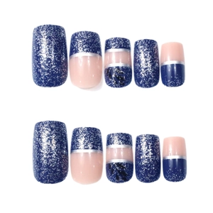 French blue and nude press-on nails with silver glitter and leaf patterns, 24pcs set