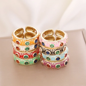 Retro gold stackable enamel rings with vibrant zirconia and hollow heart detail