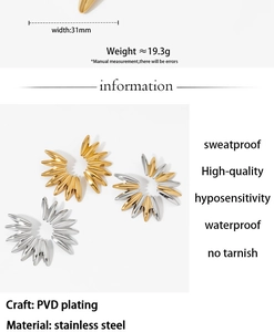 Detail view of 31mm irregular leaf earrings showing PVD gold plating and dimensions