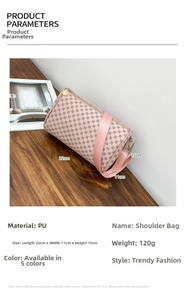 Pink cylinder shoulder bag with geometric print and product parameter detail listing