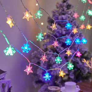 Close-up of colorful LED star and snowflake string lights for festive holiday decoration