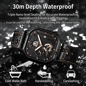Men Quartz Watch Square Dial Luminous Waterproof Chronograph Calendar Business Sport Fashion Analog Wristwatch