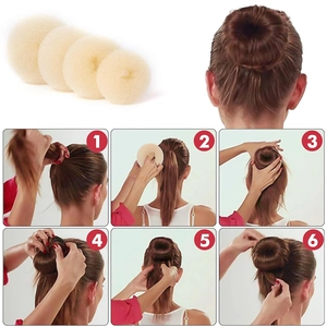 Step-by-step tutorial showing 4 beige sponge hair bun makers in various sizes