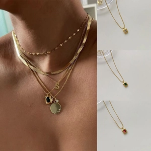 Vintage Stainless Steel Ball Chain Necklace Gold Plated Rectangular Oval Gemstone Pendant For Women French Style