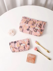 Floral Embroidery Makeup Bag Canvas Cosmetic Organizer Portable Zipper Storage Pouch For Women Fresh Sweet Ins Style