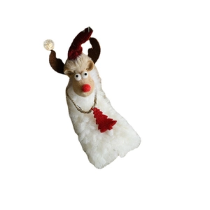 Nordic plush reindeer Christmas ornament with red hat and cream white faux fur body