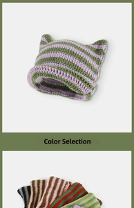 Detailed view of color selection for striped crochet beanies with cute devil ears