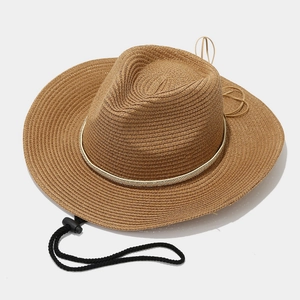 Classic wide-brim straw hat for women with bead trim and adjustable chin strap