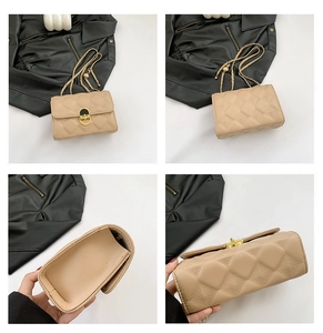 Detailed views of beige quilted crossbody bag with gold chain strap and metal lock