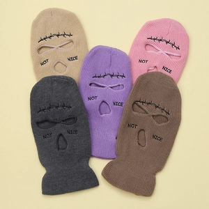 Three-hole knitted balaclava ski mask with embroidery in multiple neutral colors
