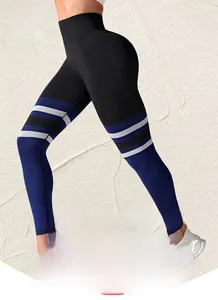 Detail shot of seamless high waist yoga pants with colorful striped knit pattern