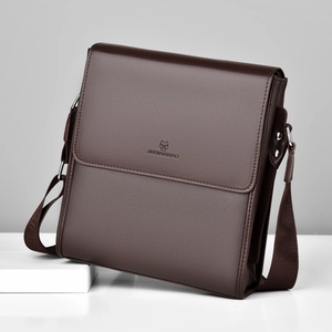 Deep brown faux leather men's messenger bag with flap cover and adjustable strap